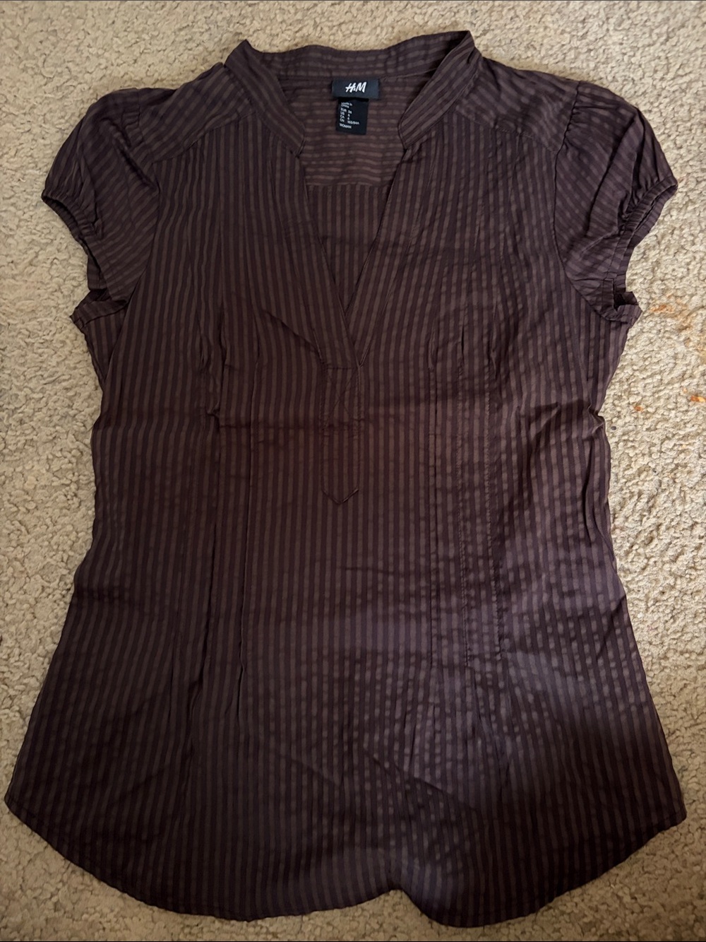 H&M Dark Brown Vertical-Stripe Cap-Sleeve V-Neck Blouse